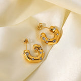 Hammered Semi Circle 18K Gold Plated Cubic Zirconia Studded Stainless Steel Hoop Earrings For Women