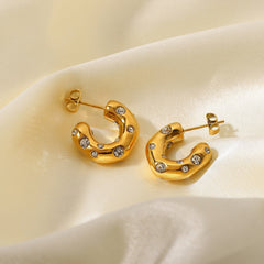 Hammered Semi Circle 18K Gold Plated Cubic Zirconia Studded Stainless Steel Hoop Earrings For Women