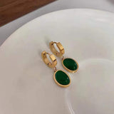 Green Oval Emerald Dangling 18K Gold Anti Tarnish Stainless Steel Earring for Women