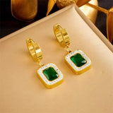 Green Emerald Cubic Zirconia Dangling 18K Gold Anti Tarnish Stainless Steel Earring for Women