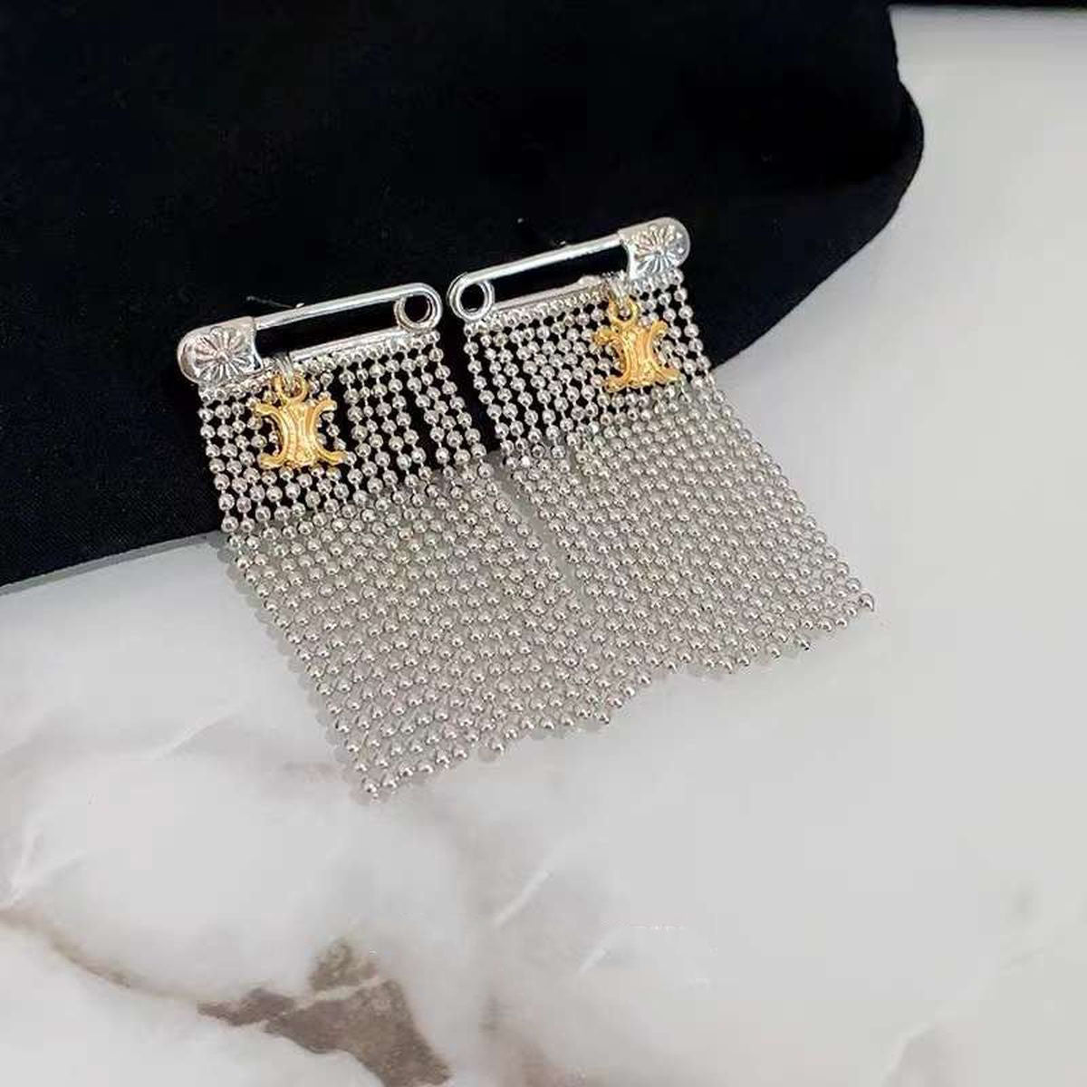 Tassell Chain Safety Pin Silver Anti Tarnish Dangling Earring for Women