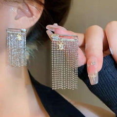 Tassell Chain Safety Pin Silver Anti Tarnish Dangling Earring for Women