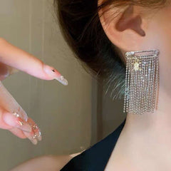 Tassell Chain Safety Pin Silver Anti Tarnish Dangling Earring for Women