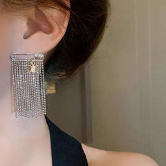 Tassell Chain Safety Pin Silver Anti Tarnish Dangling Earring for Women