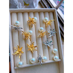 Dual Side Pearl Wild Flower 18K Glossy Gold Stud Earring for Women