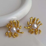 Wild Flower Pearl Cubic zirconia 18K Gold Anti Tarnish Stud Earring For Women