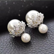 Double Side Pearl Cubic Zirconia Anti Tarnish Silver Stud Earring for Women