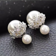 Double Side Pearl Cubic Zirconia Anti Tarnish Silver Stud Earring