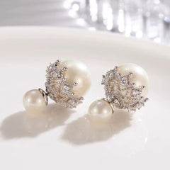 Double Side Pearl Cubic Zirconia Anti Tarnish Silver Stud Earring