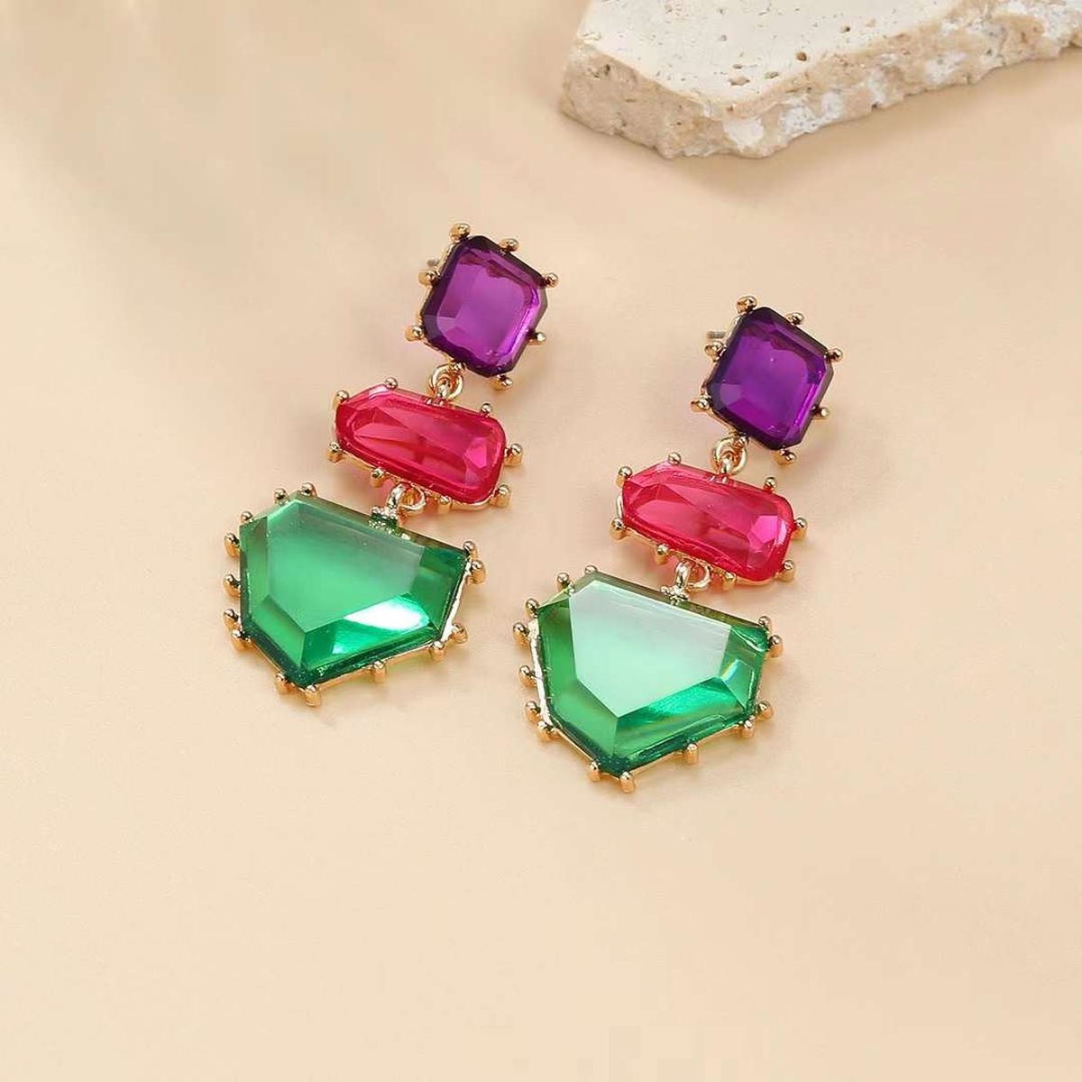 Geometric Green Pink Purple Cubic Zirconia 18K Gold Copper Anti Tarnish Dangler Earring Pair For Women