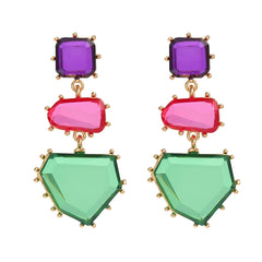 Geometric Green Pink Purple Cubic Zirconia 18K Gold Copper Anti Tarnish Dangler Earring Pair For Women