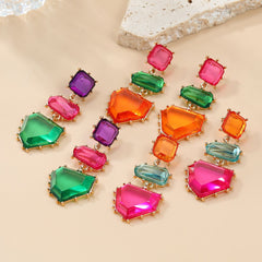 Geometric Green Pink Purple Cubic Zirconia 18K Gold Copper Anti Tarnish Dangler Earring Pair For Women