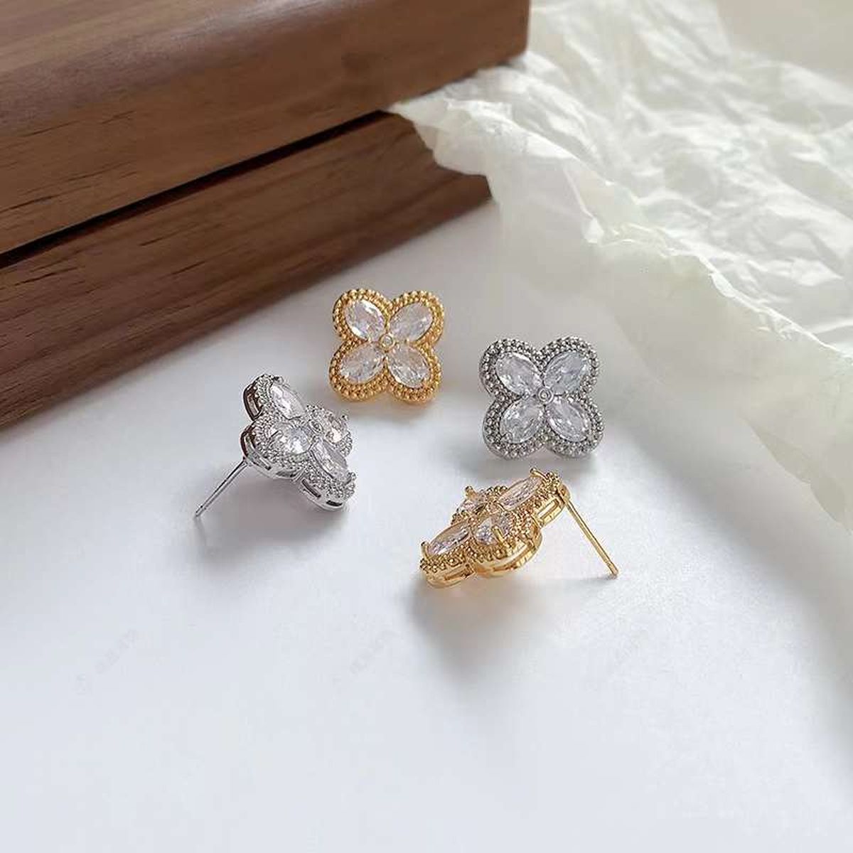 Clover Cubic Zirconia 18K Gold Copper Anti Tarnish Stud Earring Pair For Women