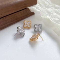 Clover Cubic Zirconia 18K Gold Copper Anti Tarnish Stud Earring Pair For Women