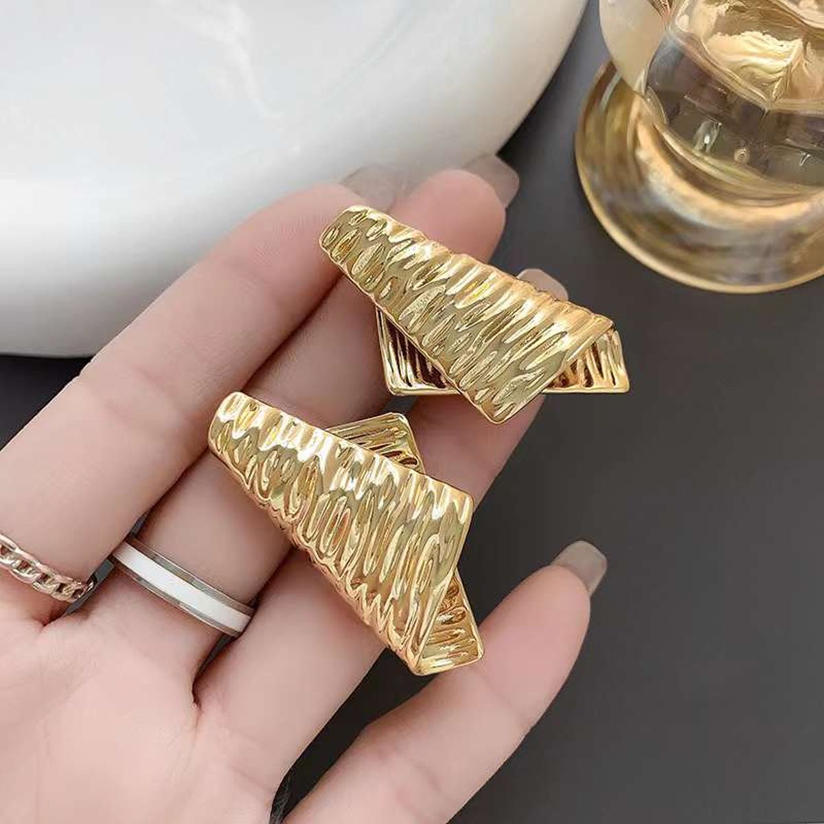 Dented Fold 18K Gold Copper Anti Tarnish Dangler Earring Pair For Women