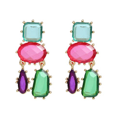 Geometric Blue Pink Multicolour Cubic Zirconia 18K Gold Copper Anti Tarnish Dangler Earring Pair For Women