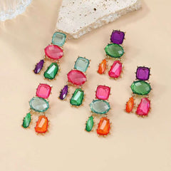 Geometric Blue Pink Multicolour Cubic Zirconia 18K Gold Copper Anti Tarnish Dangler Earring Pair For Women