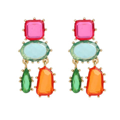 Geometric Blue Pink Multicolour Cubic Zirconia 18K Gold Copper Anti Tarnish Dangler Earring Pair For Women