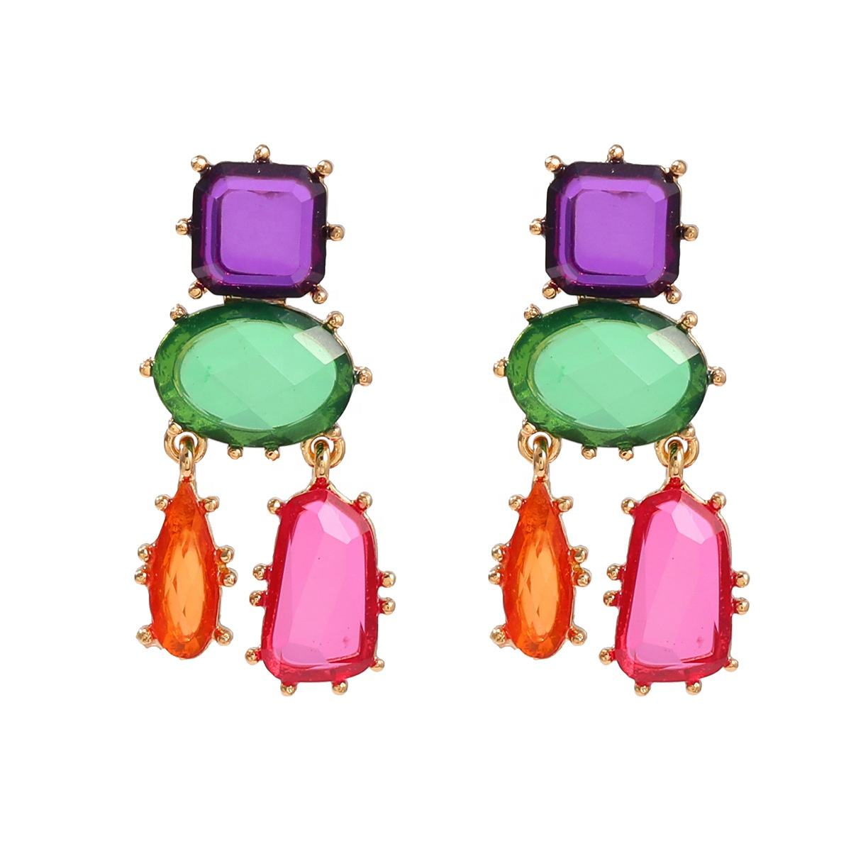 Geometric Blue Pink Multicolour Cubic Zirconia 18K Gold Copper Anti Tarnish Dangler Earring Pair For Women