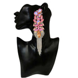 Long Floral Cubic Zirconia Crystal Black 18K Gold Anti Tarnish Statement Dangler Tassel Earring Pair For Women