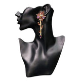 Chain Flower 18K Gold Aqua Cubic Zirconia Crystal Anti Tarnish Statement Danglers Tassel Earring Pair For Women