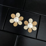 Flower 18K Gold Cubic Zirconia Pearl Anti Tarnish Statement Stud Earring Pair For Women