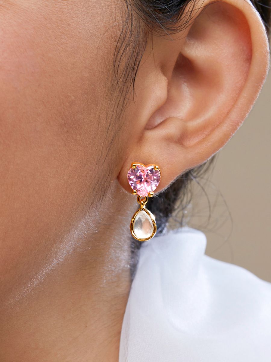 Copper Cubic Zirconia Crystal Heart Pink Gold Dangler Drop Earring Women