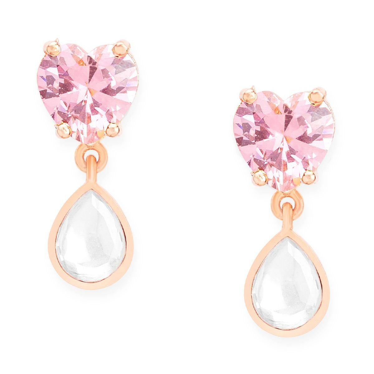 Copper Cubic Zirconia Crystal Heart Pink Gold Dangler Drop Earring Women