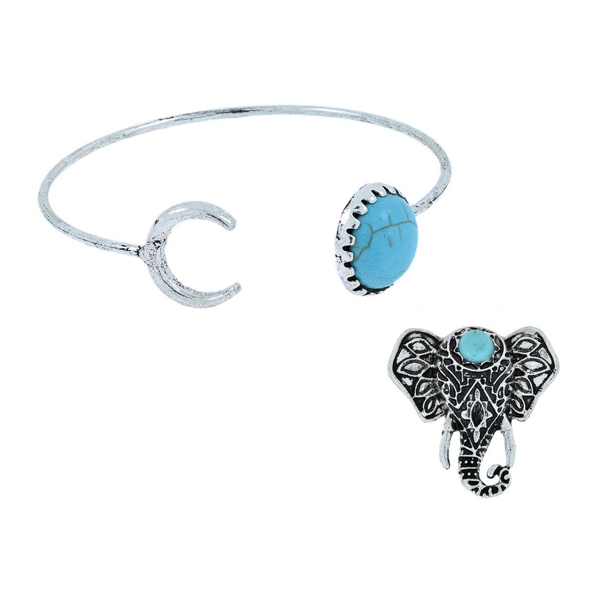 Elephant Oxidized Silver Plated Adjustable Ring Cuff Kada Combo Women