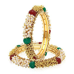 Cluster Pearls Red Green Antique 22K Gold Bangle Set Of 2 (Pair) Women
