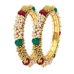 Cluster Pearls Red Green Antique 22K Gold Bangle Set Of 2 (Pair) Women