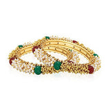 Cluster Pearls Red Green Antique 22K Gold Bangle Set Of 2 (Pair) Women