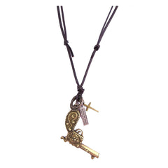 Vintage Bronze Finish Cross Gun Leather Mens Necklace Chain For Men