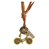 Vintage Bronze Bicycle Charm Men Pendant Leather Chain Adjustable