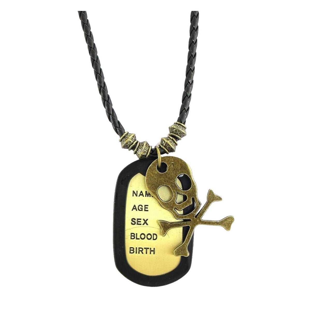 Vintage Bronze Military Dog Tag Skull Pendant Leather 20" Chain Men