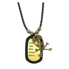 Vintage Bronze Military Dog Tag Skull Pendant Leather 20" Chain Men