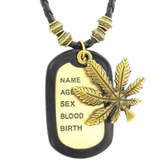 Vintage Maple Leaf Bronz Dog Military Tag Pendant Leather Chain Men