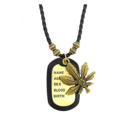 Vintage Maple Leaf Bronz Dog Military Tag Pendant Leather Chain Men