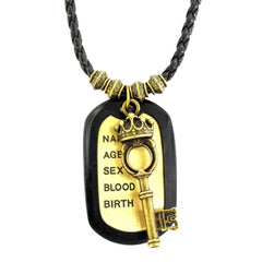 Vintage Key Bronze Dog Tag Pendant Charm Leather Chain Men