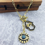 Evil Eye Medal Hamsa Charm Gold Black Link Necklace Chain For Women