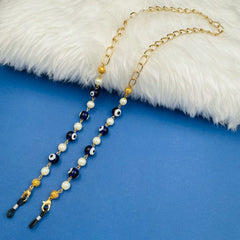 Evil Eye Handcrafted Dark Blue Silver Brass Beads Pearl Mask Chain For Women