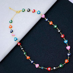 Copper Gold Multicolour Enamel Heart Evil Eye Necklace Chain For Women