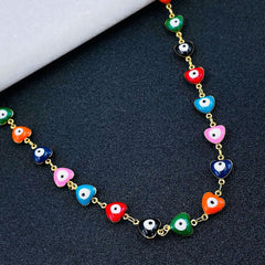 Copper Gold Multicolour Enamel Heart Evil Eye Necklace Chain For Women