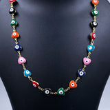 Copper Gold Multicolour Enamel Heart Evil Eye Necklace Chain For Women