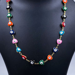 Copper Gold Multicolour Enamel Heart Evil Eye Necklace Chain For Women