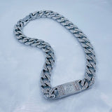 Hip Hop Iced Out Alloy Cuban Silver Stainless Steel Rhinestone Curb Engrave Chain 18" For Men