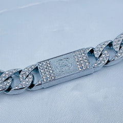 Hip Hop Iced Out Alloy Cuban Silver Stainless Steel Rhinestone Curb Engrave Chain 18" For Men