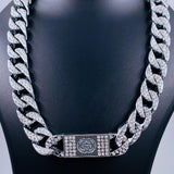 Hip Hop Iced Out Alloy Cuban Silver Stainless Steel Rhinestone Curb Engrave Chain 18" For Men