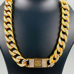 Hip Hop Iced Out Alloy Cuban Silver Stainless Steel Rhinestone Curb Engrave Chain 18" For Men