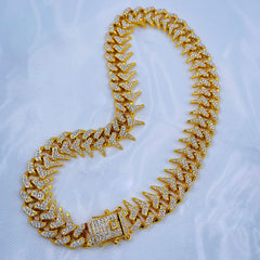 Hip Hop Iced Out Alloy Cuban Lightning Curb Gold Rhinestone Studded Chunky Necklace Chain 18"